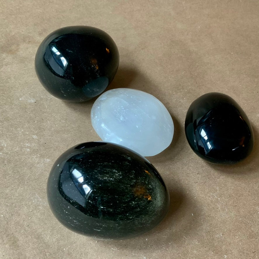 Yin Yang obsidian eggs and selenite palm stone