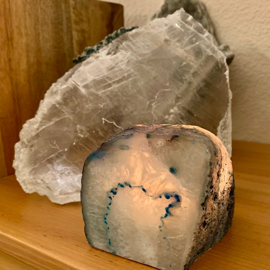 agate luminary with selenite background