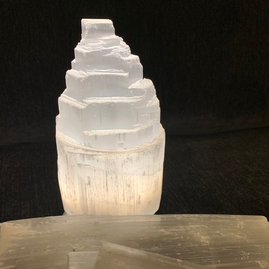 selenite lamp with terraced form