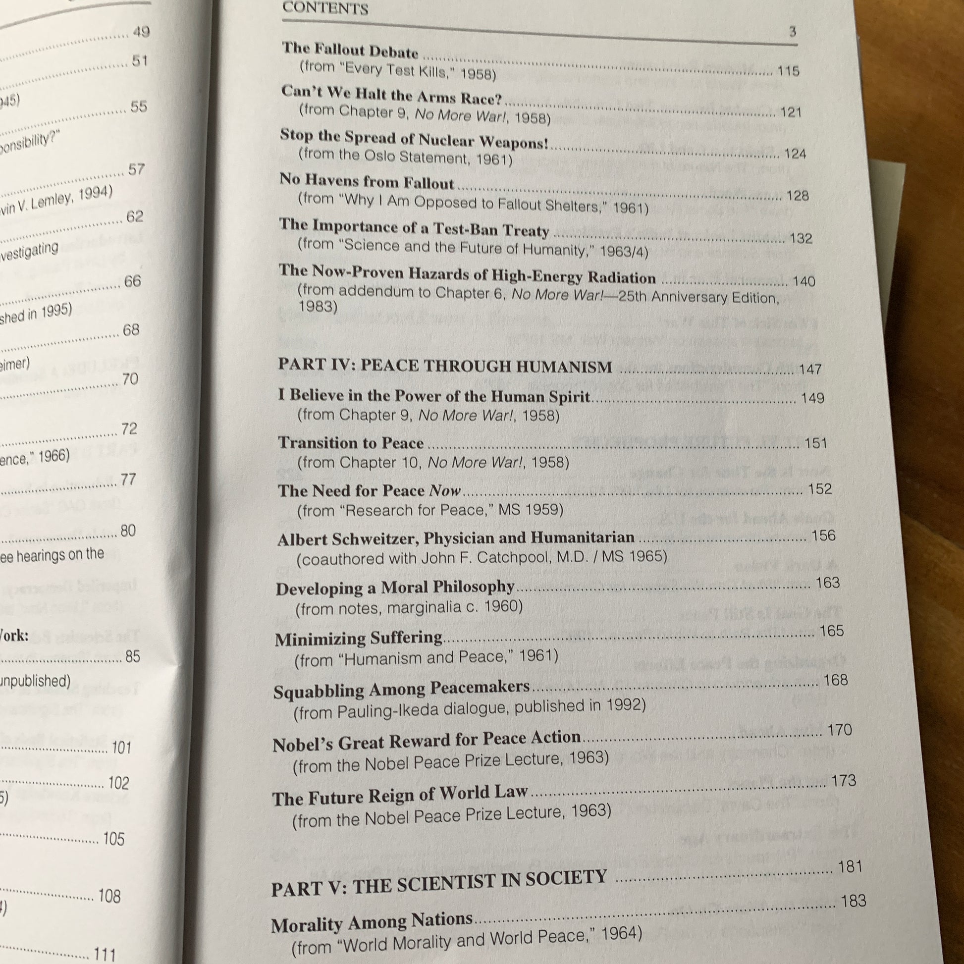 table of contents Linus Pauling on Peace
